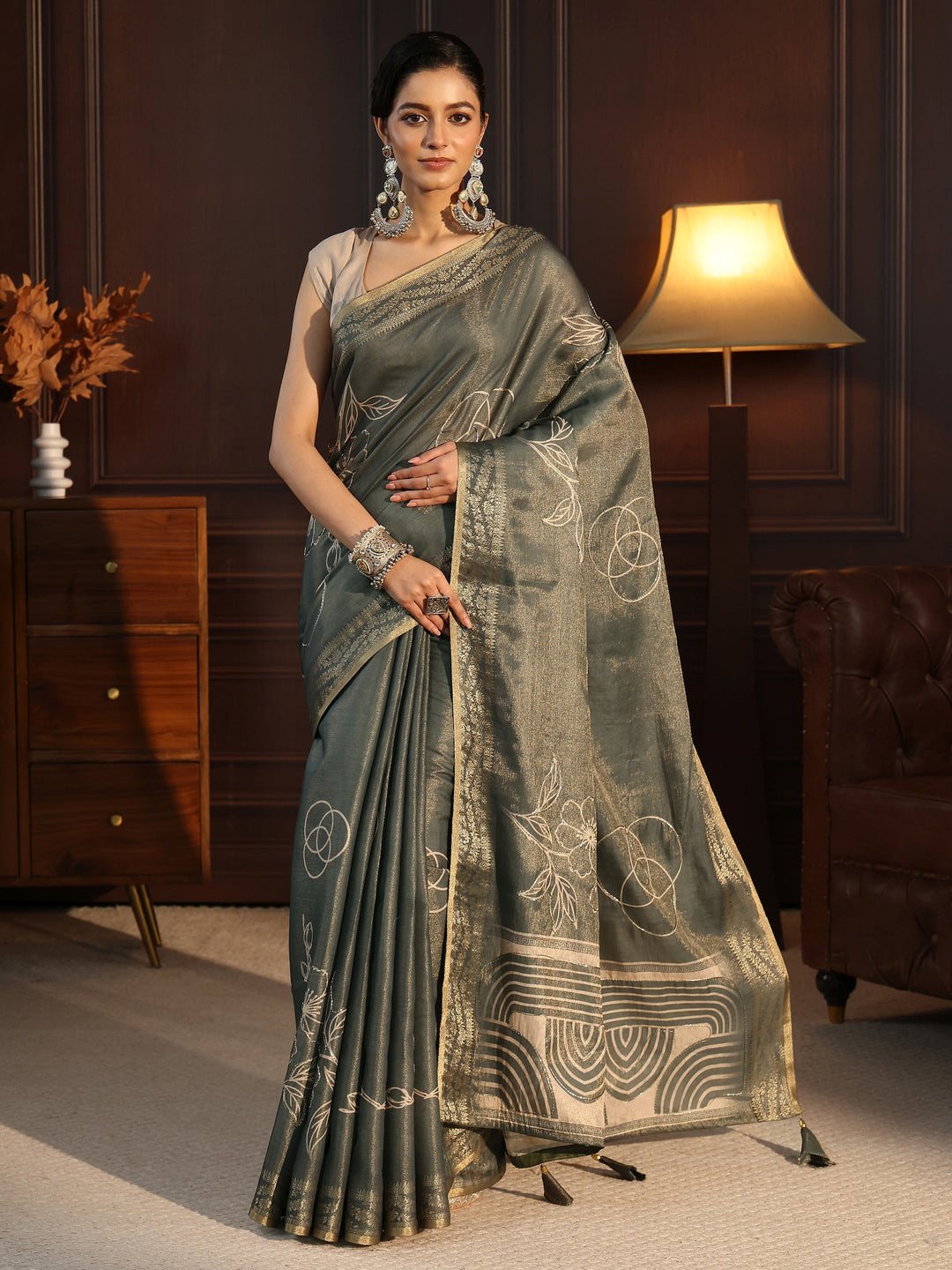 Libas Grey Green Floral Printed Embellished Silk Blend Saree