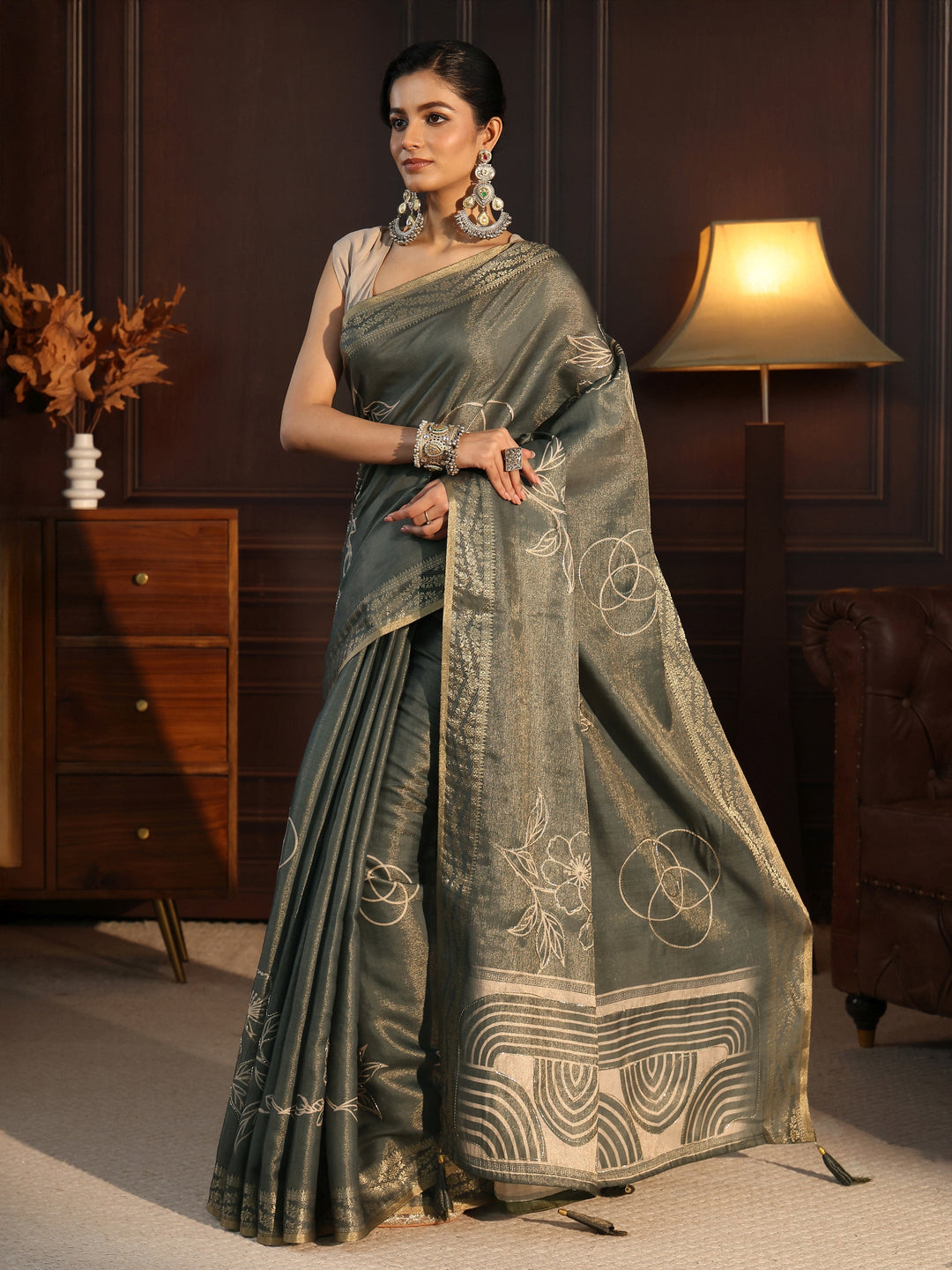 Libas Grey Green Floral Printed Embellished Silk Blend Saree