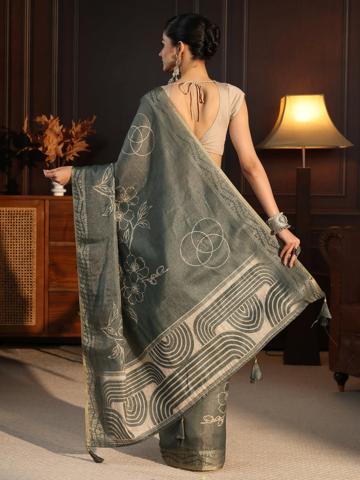 Libas Grey Green Floral Printed Embellished Silk Blend Saree