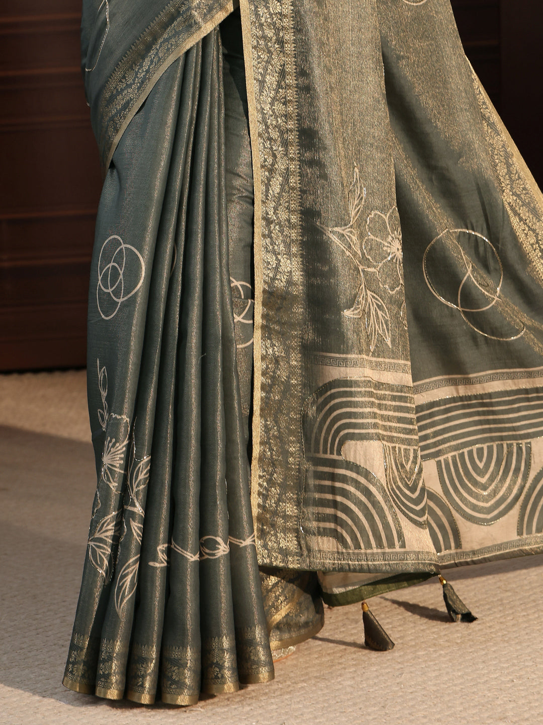 Libas Grey Green Floral Printed Embellished Silk Blend Saree