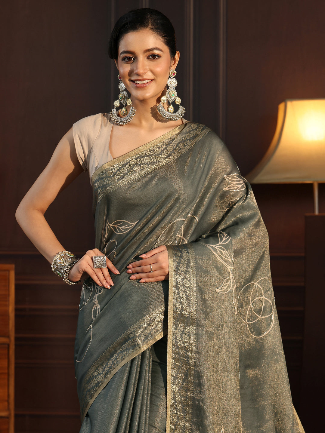 Libas Grey Green Floral Printed Embellished Silk Blend Saree