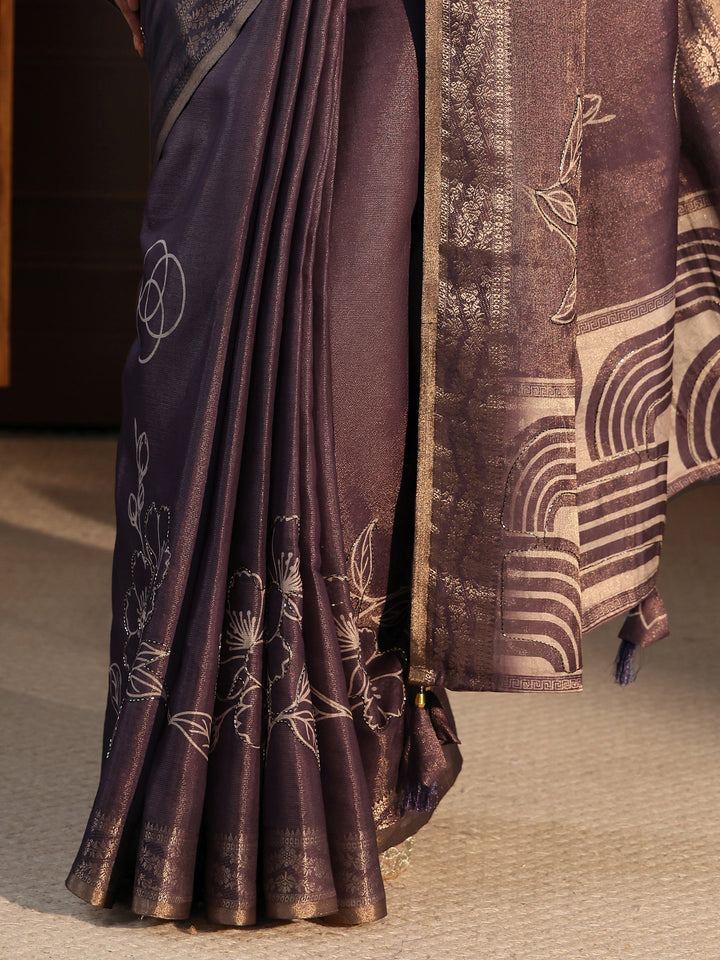 Libas Purple Floral Printed Embellished Silk Blend Saree
