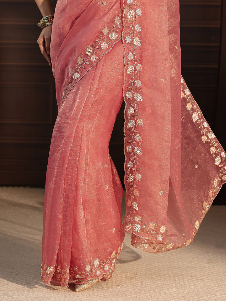 Libas Peach Tissue Saree with Floral Embellished Border