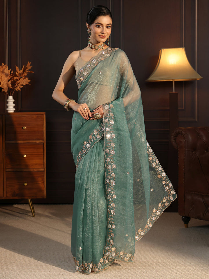 Libas Sea Green Tissue Saree with Floral Embellished Border