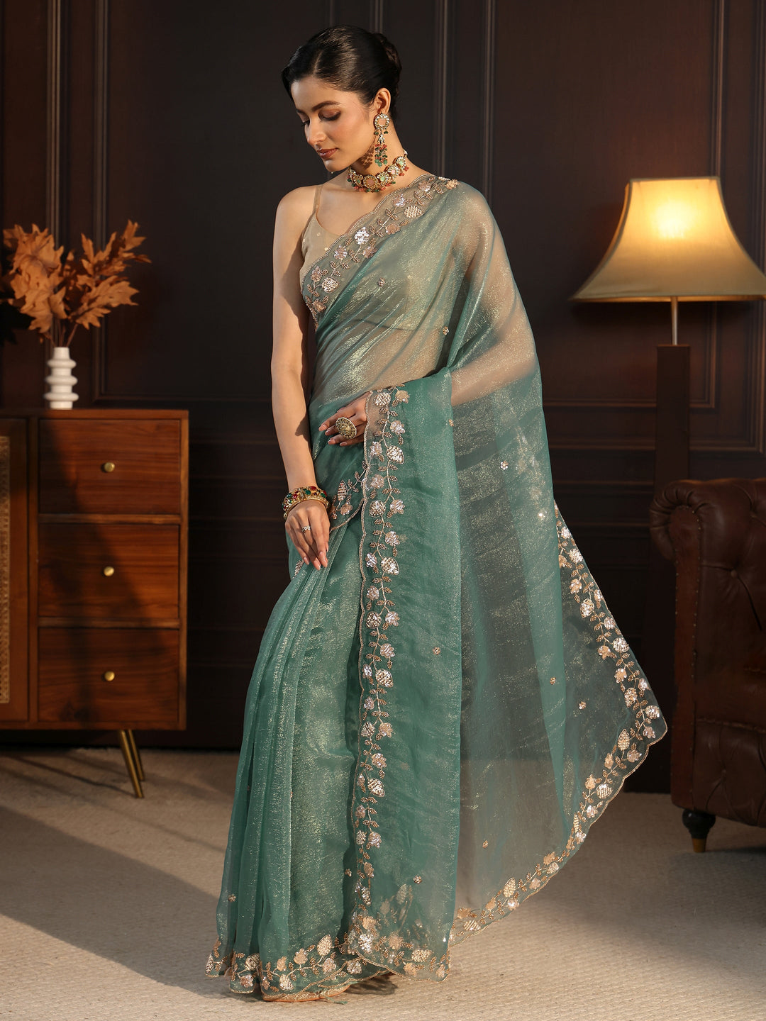 Libas Sea Green Tissue Saree with Floral Embellished Border