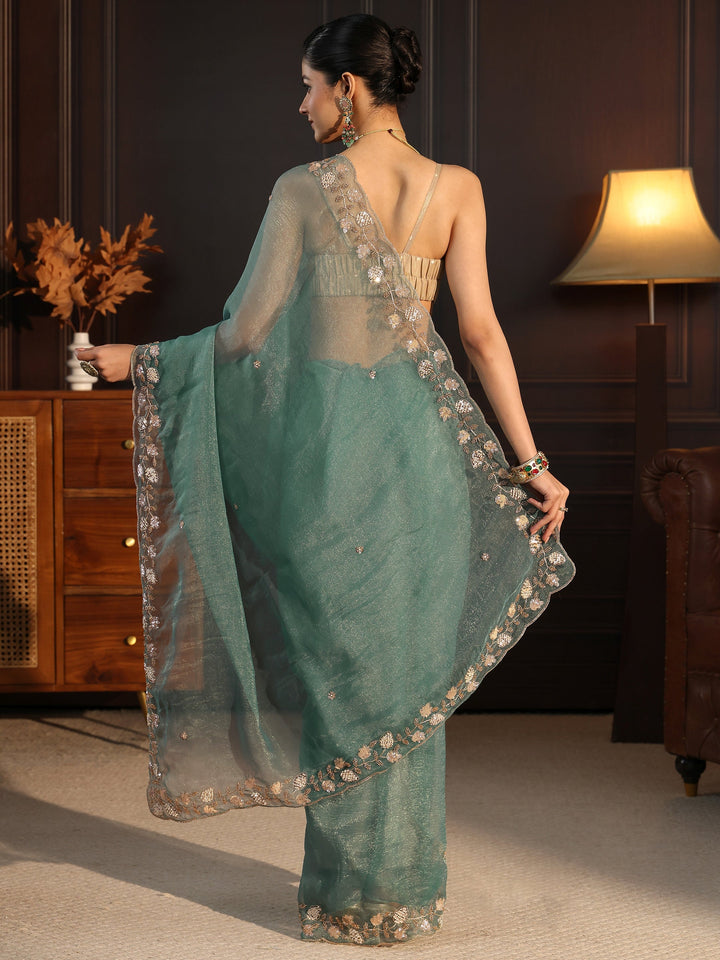 Libas Sea Green Tissue Saree with Floral Embellished Border