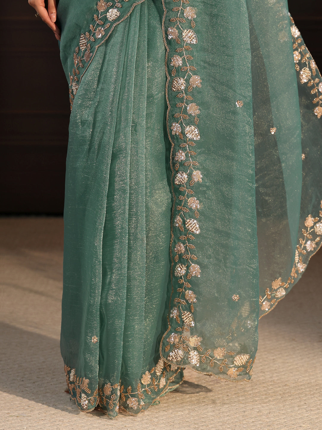 Libas Sea Green Tissue Saree with Floral Embellished Border