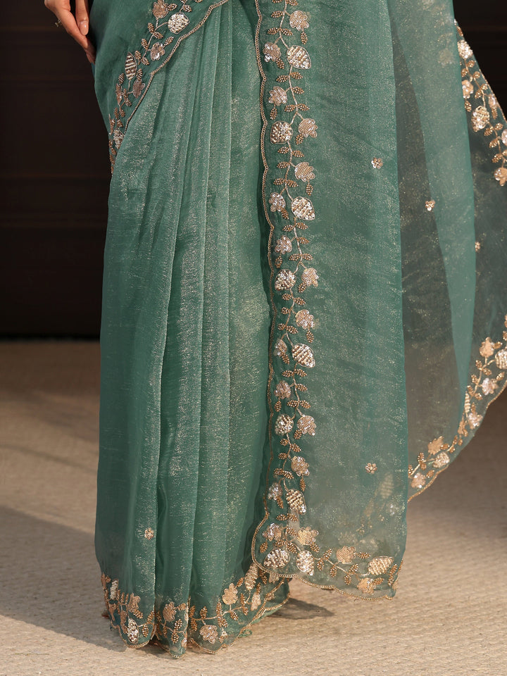 Libas Sea Green Tissue Saree with Floral Embellished Border
