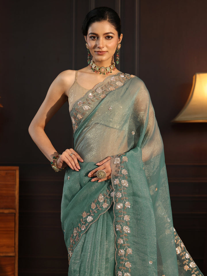 Libas Sea Green Tissue Saree with Floral Embellished Border