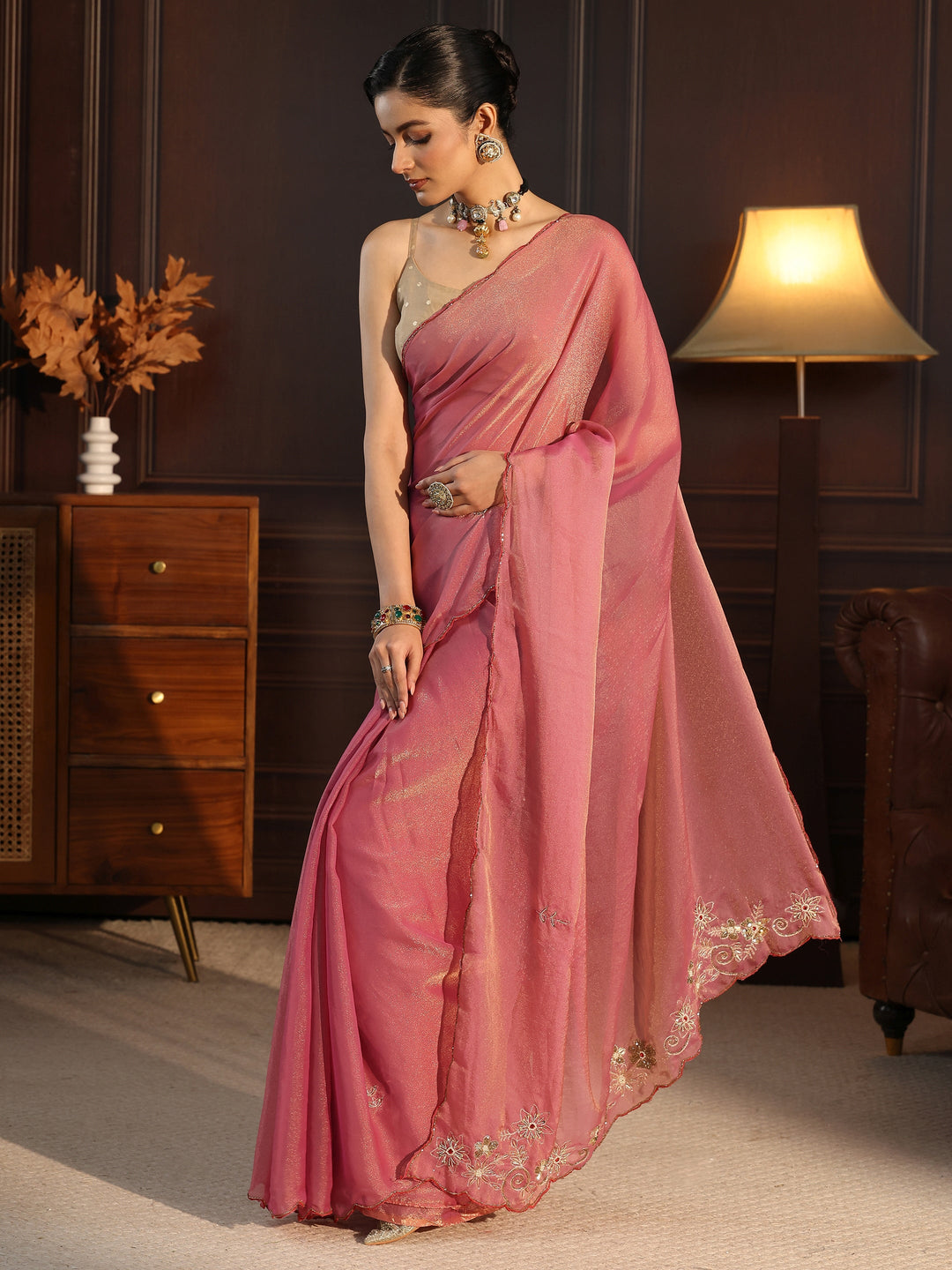 Libas Pink Tissue Saree with Floral Embroidered Border