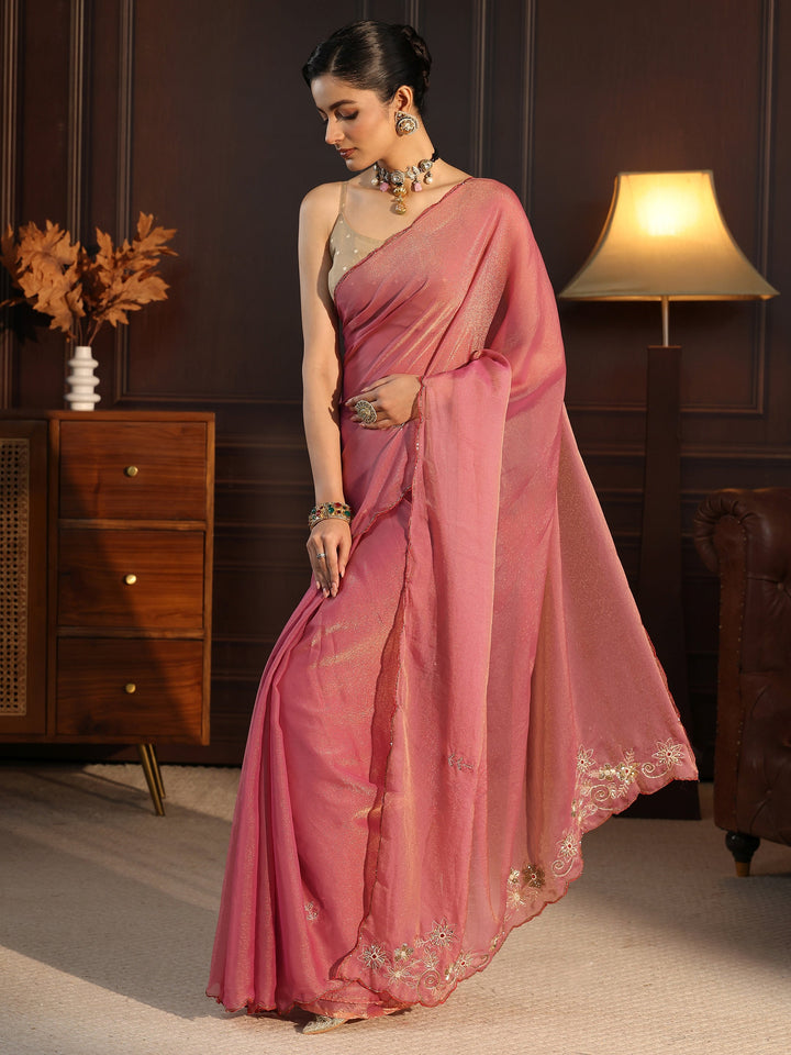 Libas Pink Tissue Saree with Floral Embroidered Border