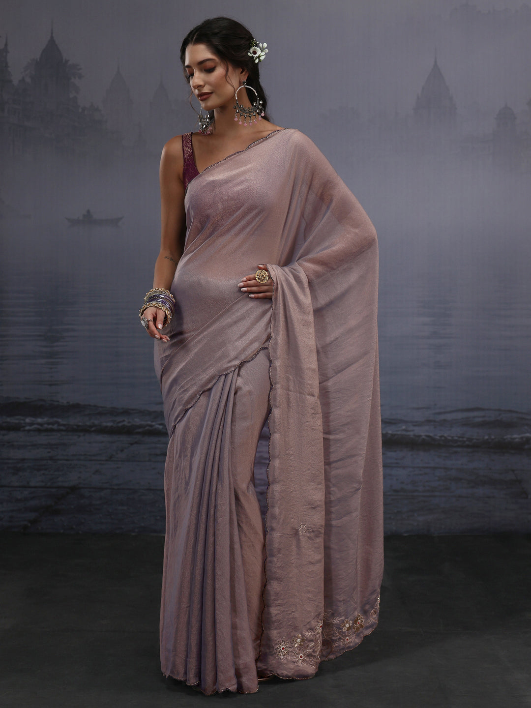 Libas Grey Tissue Saree with Embroidered Pallu