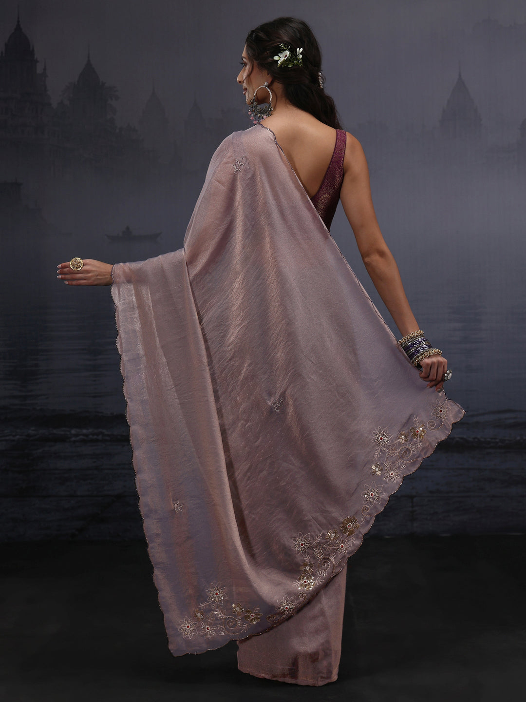 Libas Grey Tissue Saree with Embroidered Pallu