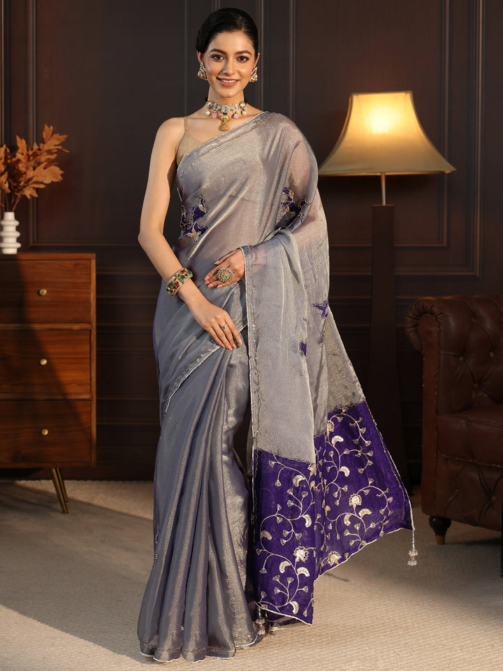 Libas Grey Tissue Saree with Embellished Pallu