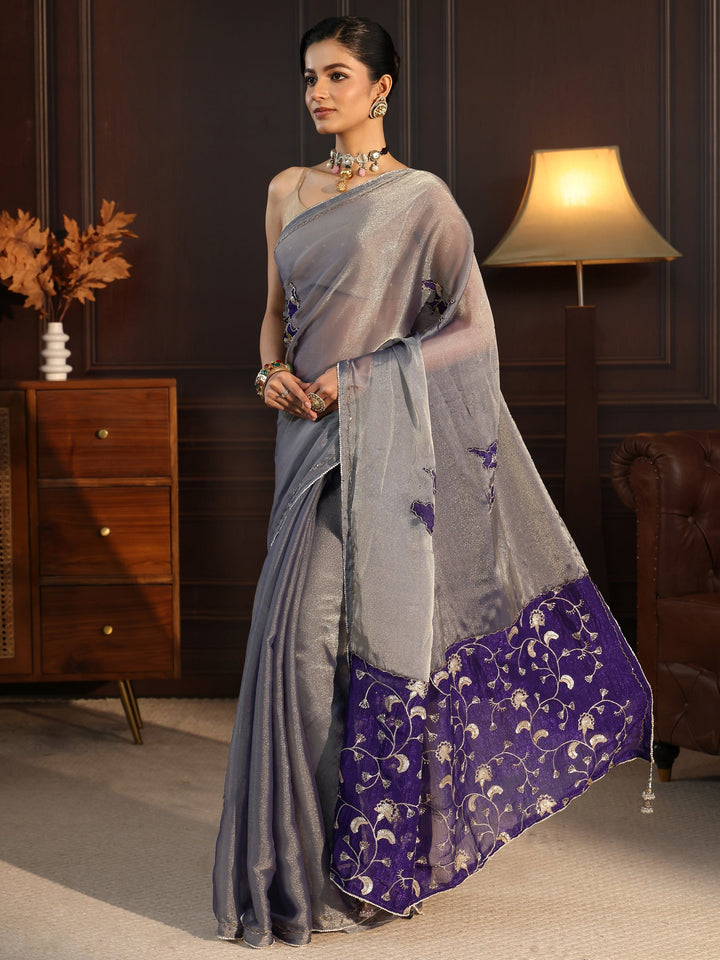 Libas Grey Tissue Saree with Embellished Pallu