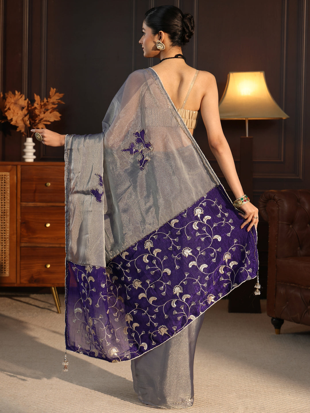 Libas Grey Tissue Saree with Embellished Pallu