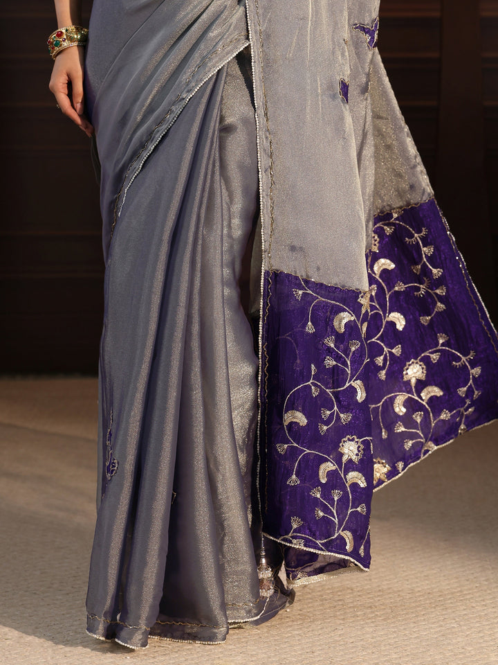 Libas Grey Tissue Saree with Embellished Pallu