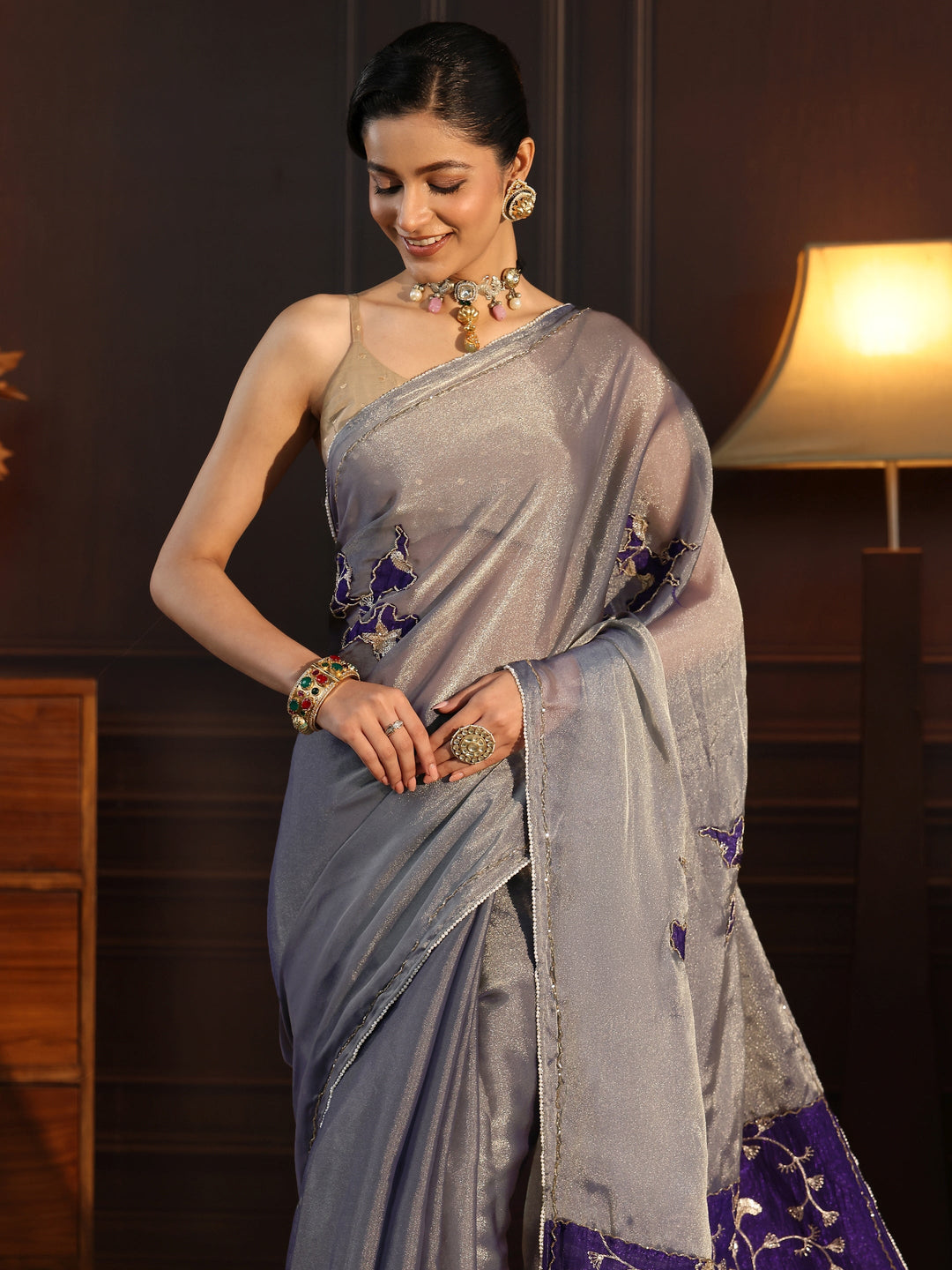 Libas Grey Tissue Saree with Embellished Pallu