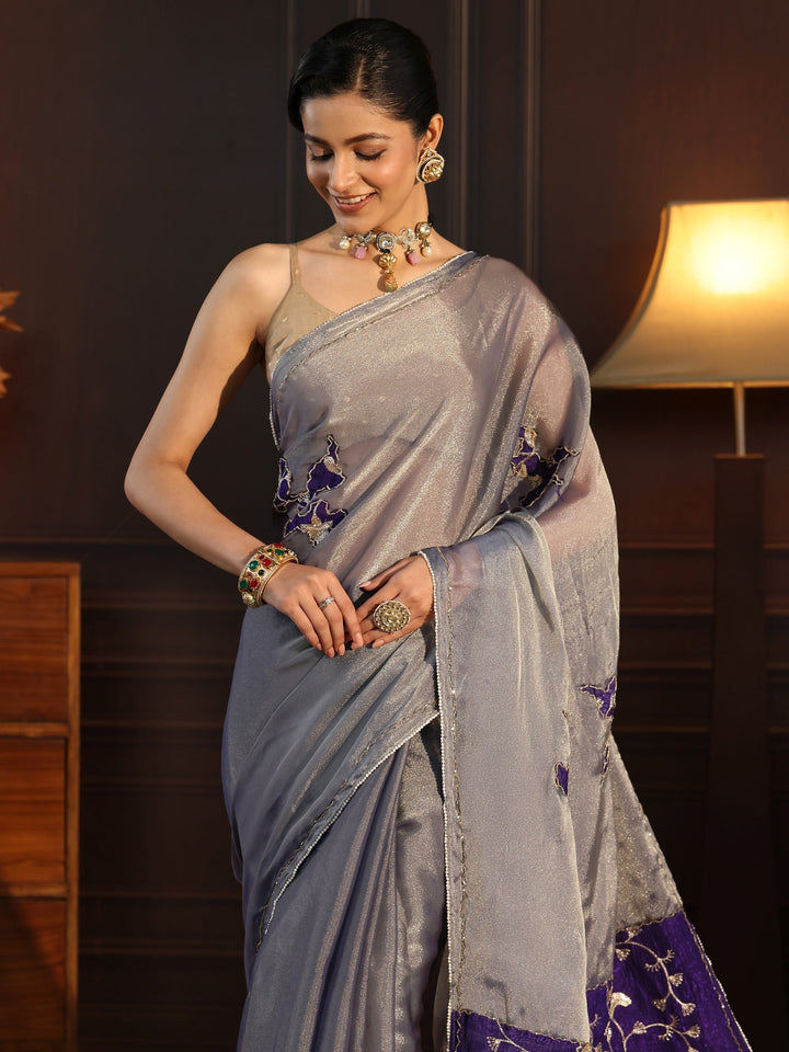 Libas Grey Tissue Saree with Embellished Pallu