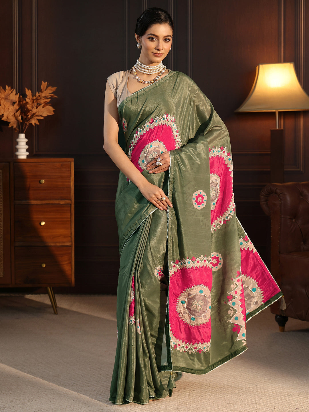 Libas Sap Green Printed Silk Blend Saree with Applique Work
