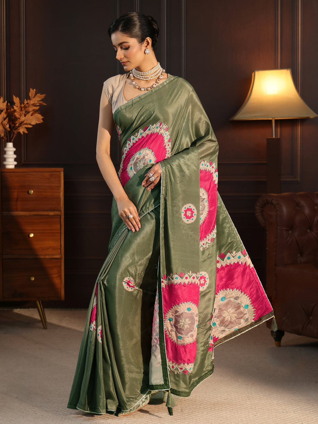 Libas Sap Green Printed Silk Blend Saree with Applique Work