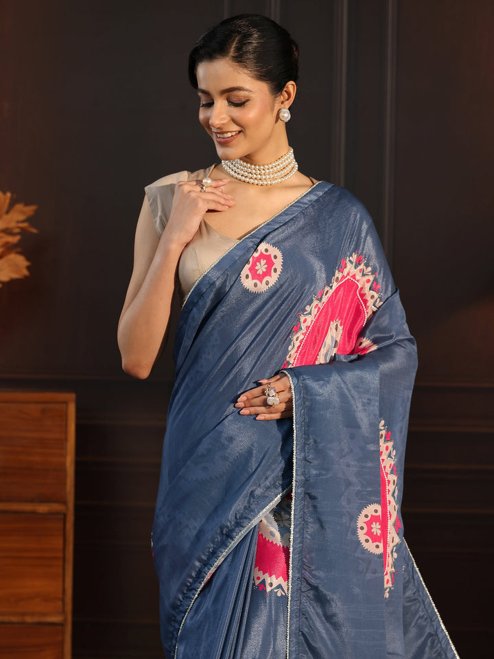 Libas Navy Blue Printed Silk Blend Saree with Applique Work