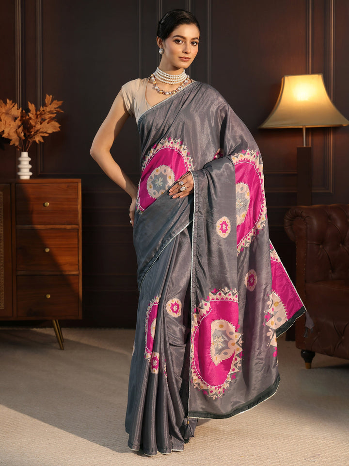 Libas Grey Printed Silk Blend Saree with Applique Work