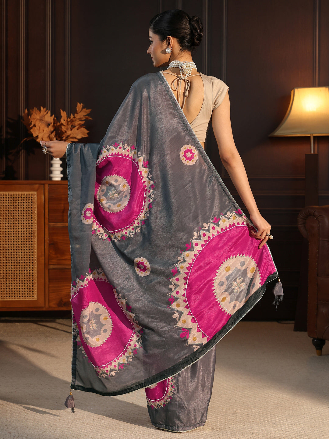 Libas Grey Printed Silk Blend Saree with Applique Work