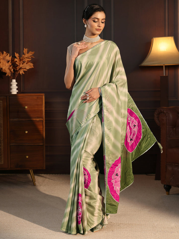 Libas Ombre Green Printed Silk Blend Saree with Applique Work