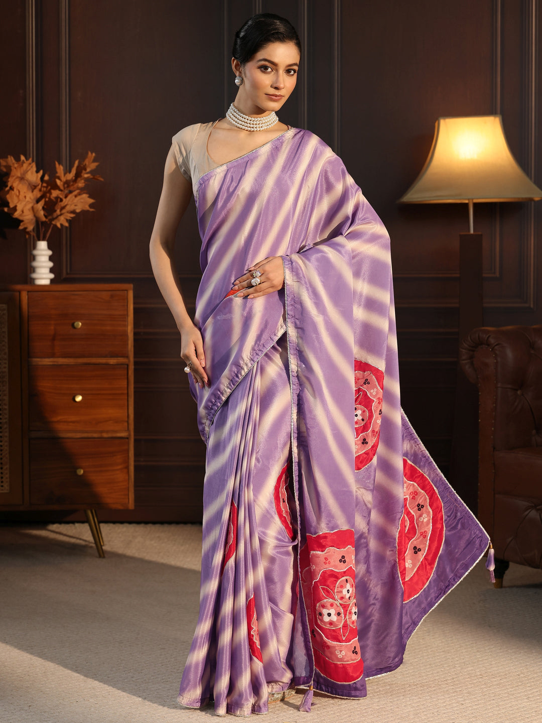 Libas Ombre Lavender Printed Silk Blend Saree with Applique Work