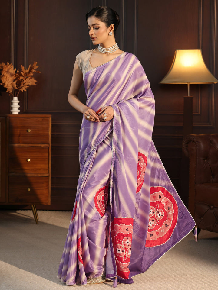 Libas Ombre Lavender Printed Silk Blend Saree with Applique Work