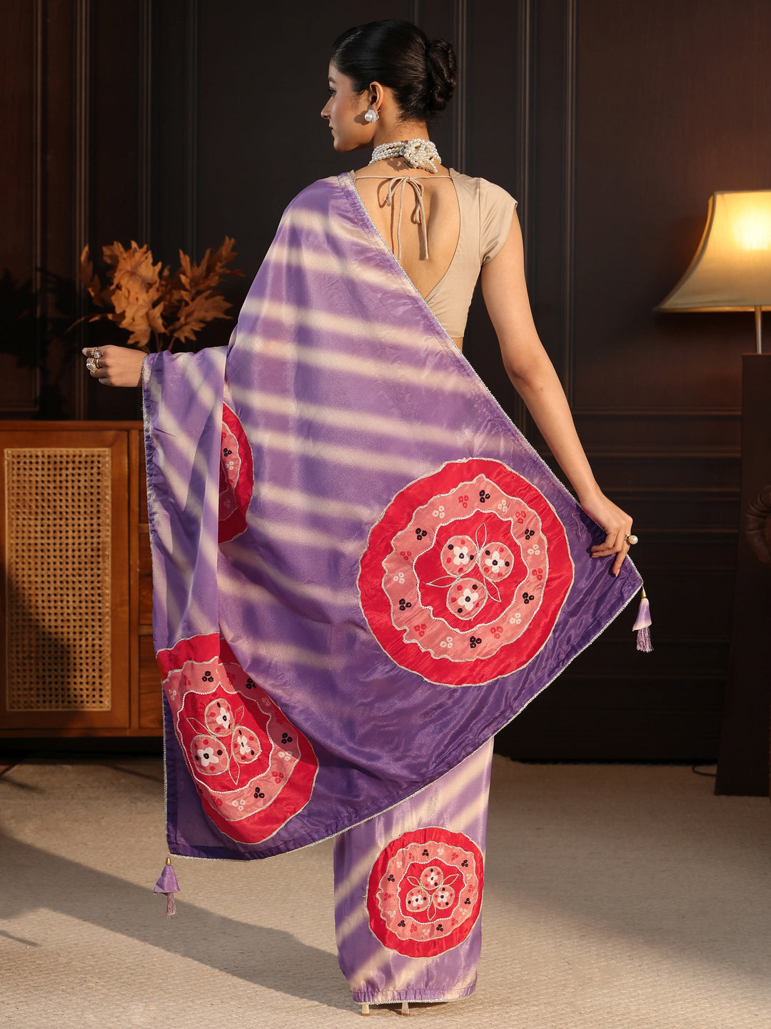 Libas Ombre Lavender Printed Silk Blend Saree with Applique Work