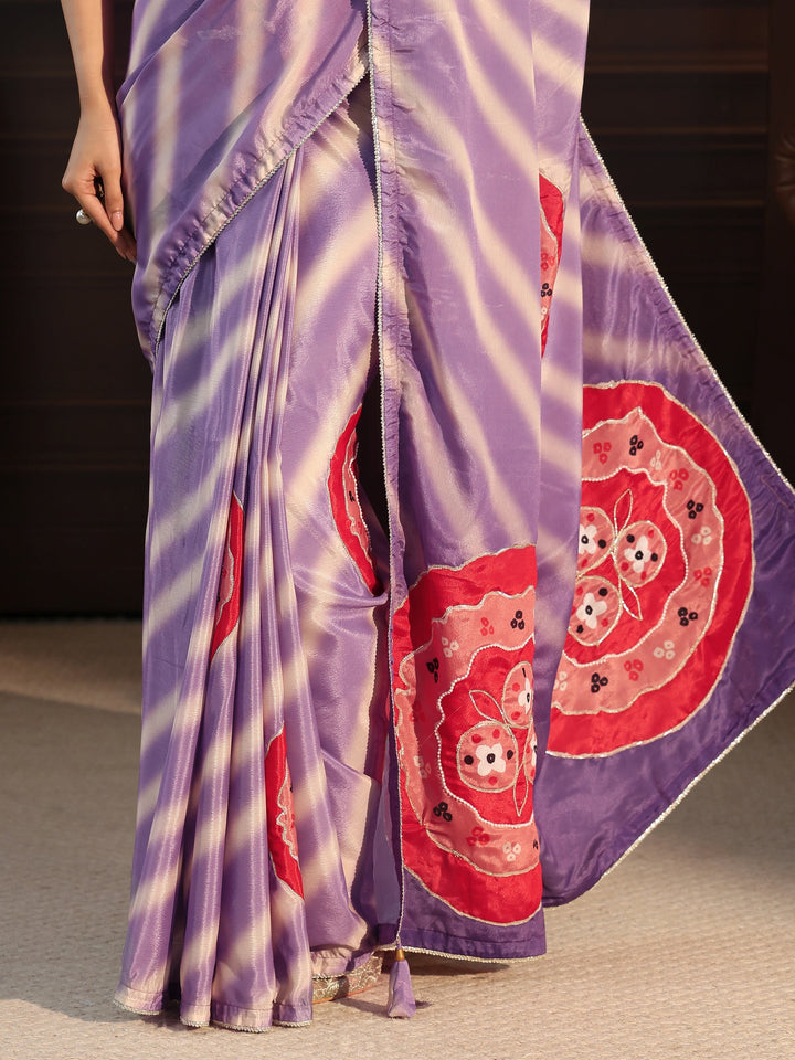 Libas Ombre Lavender Printed Silk Blend Saree with Applique Work