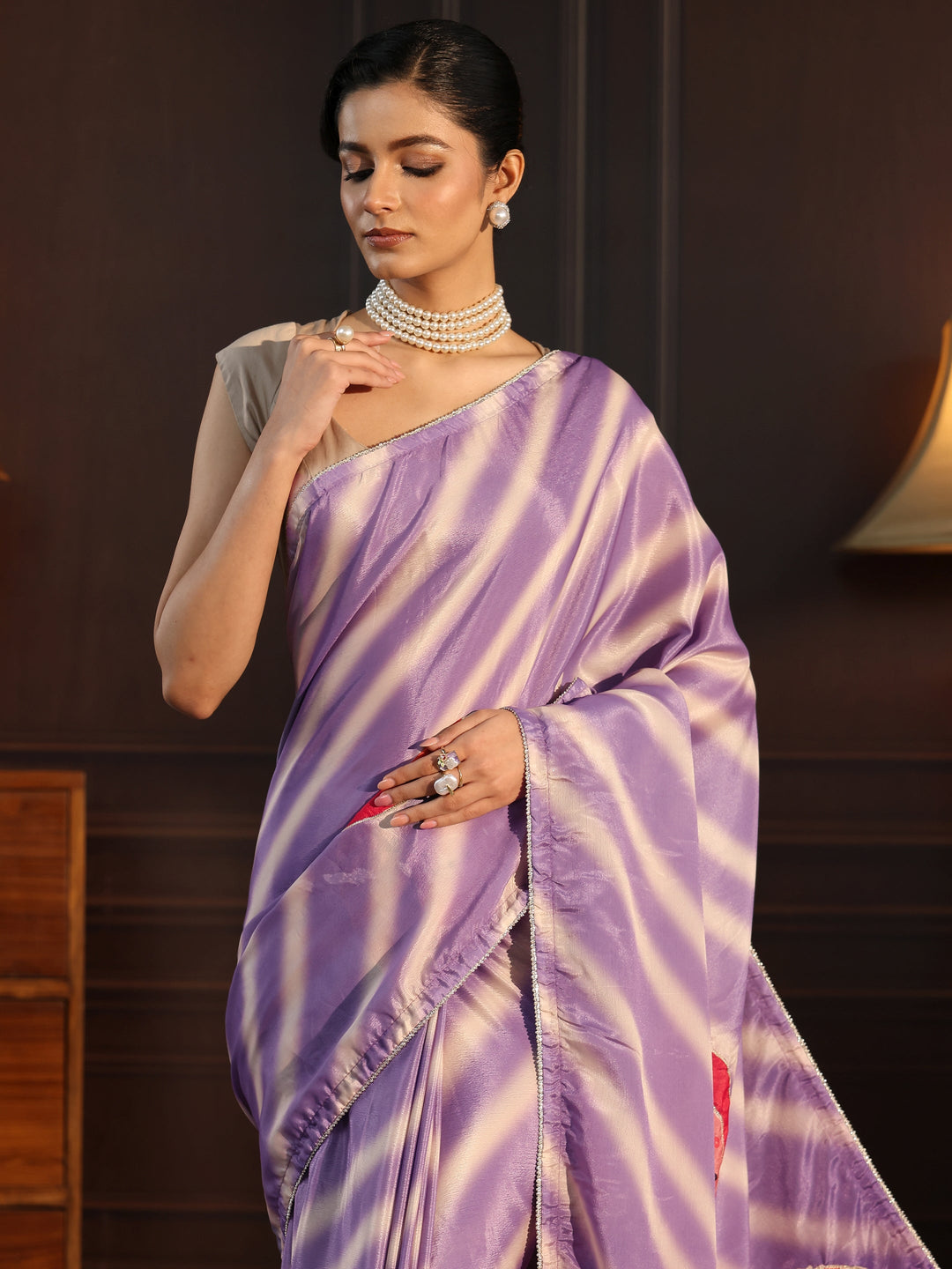 Libas Ombre Lavender Printed Silk Blend Saree with Applique Work