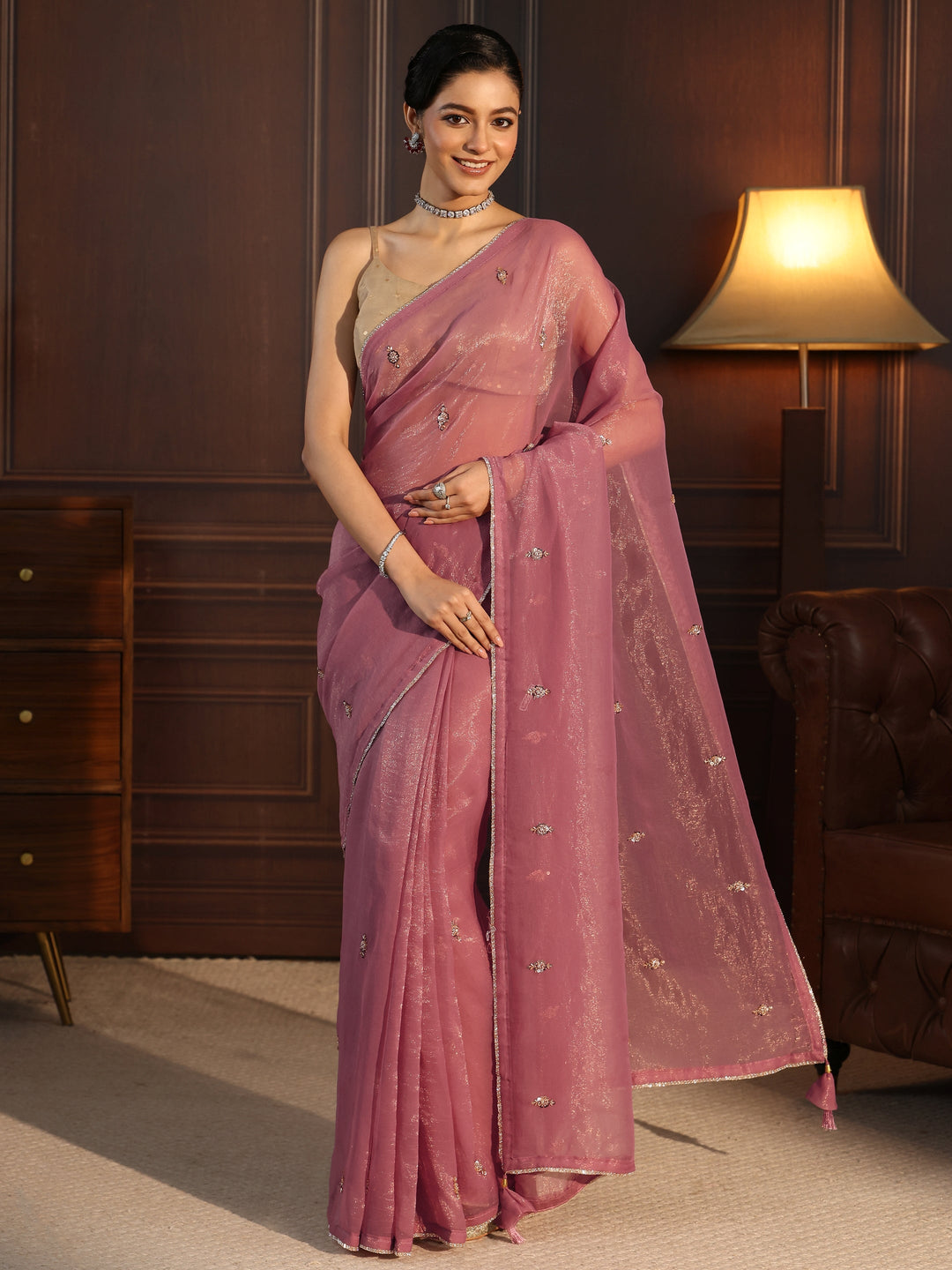 Libas Mauve Sequin Embellished Tissue Saree