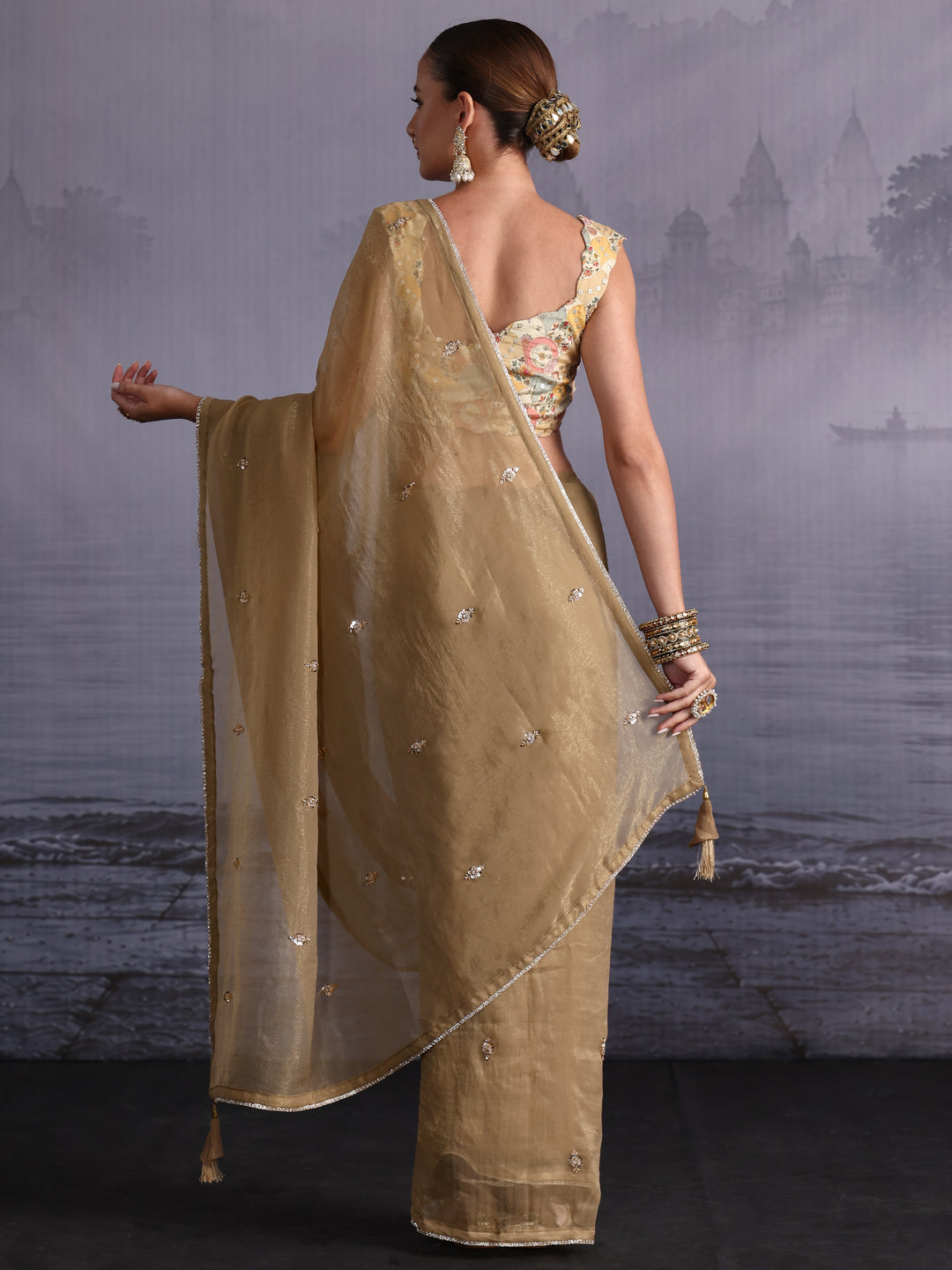 Libas Green Sequin Embellished Tissue Saree