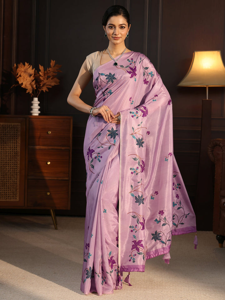 Libas Purple Floral Embroidered Silk Blend Saree