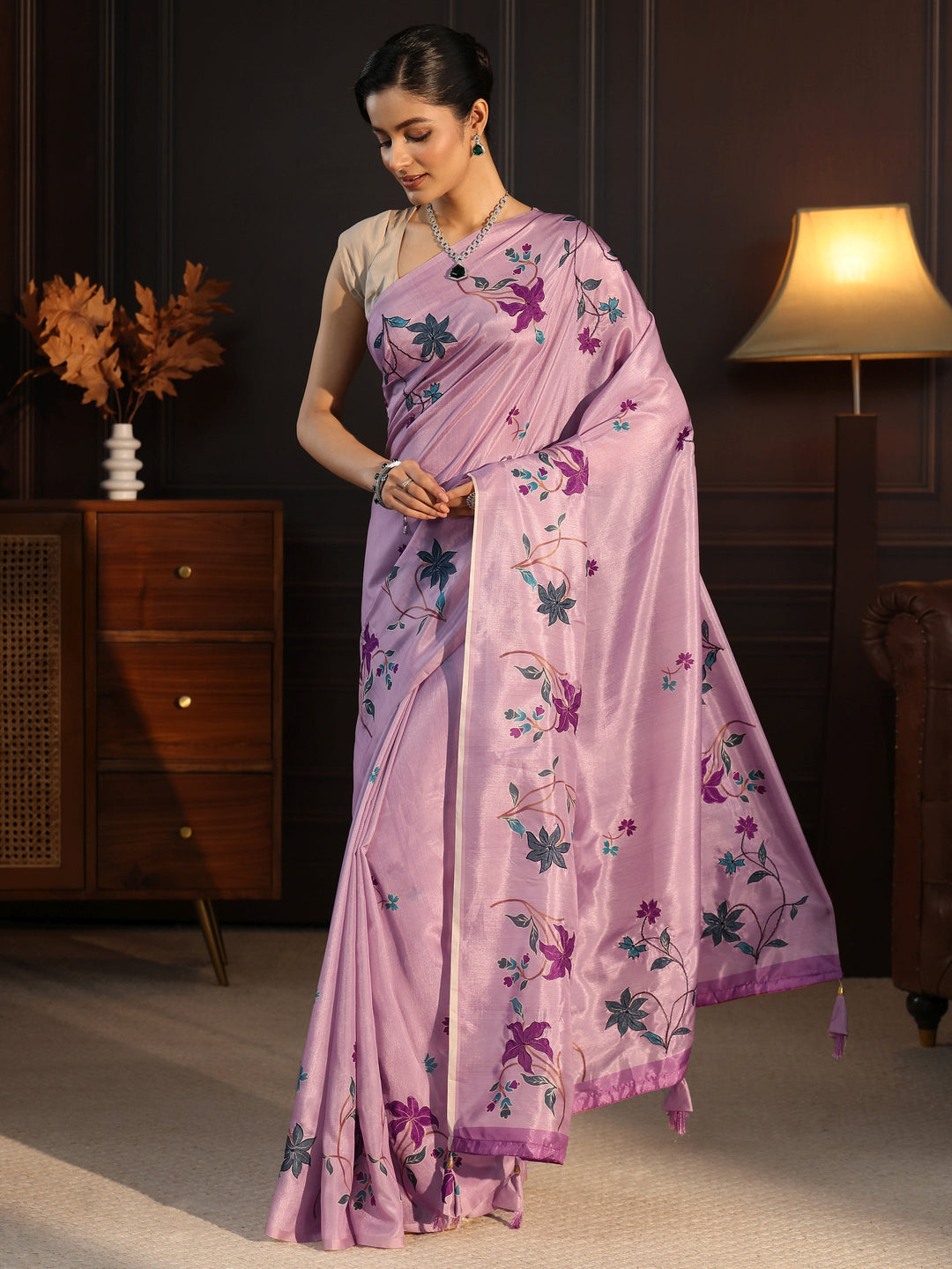 Libas Purple Floral Embroidered Silk Blend Saree