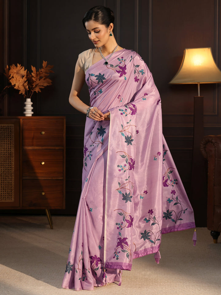 Libas Purple Floral Embroidered Silk Blend Saree