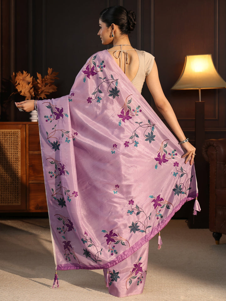 Libas Purple Floral Embroidered Silk Blend Saree