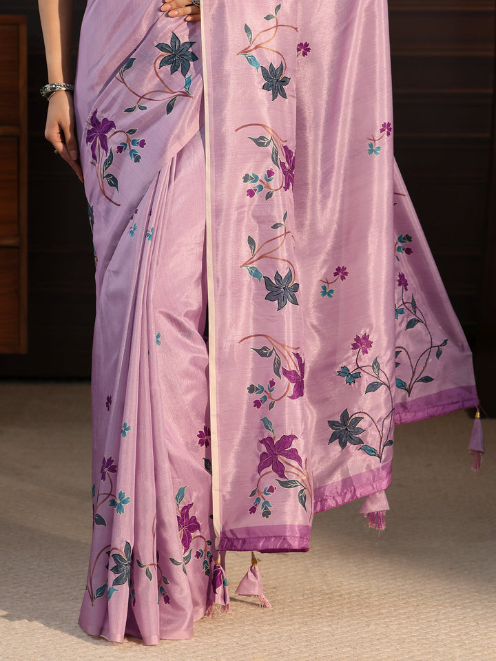 Libas Purple Floral Embroidered Silk Blend Saree