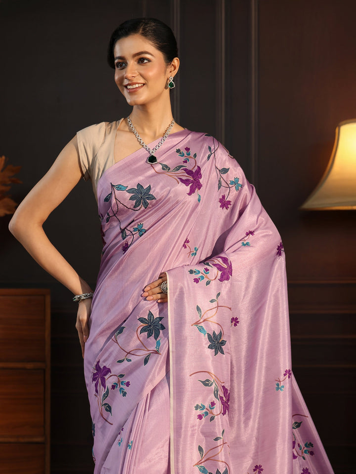 Libas Purple Floral Embroidered Silk Blend Saree