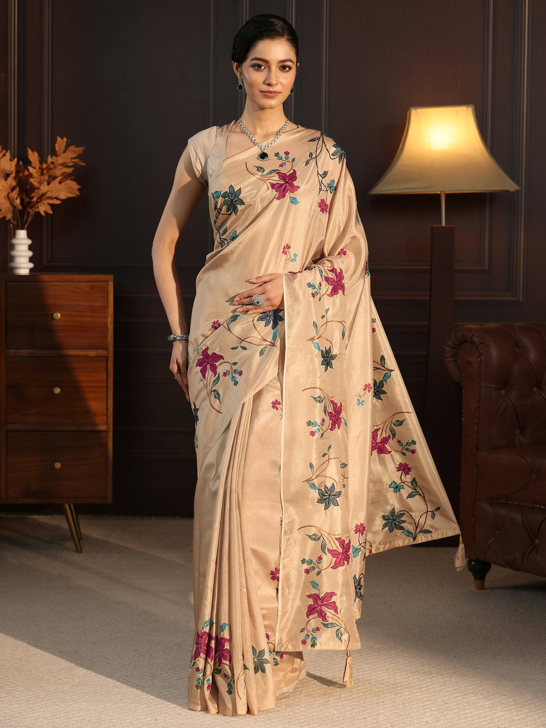 Libas Beige Floral Embroidered Silk Blend Saree