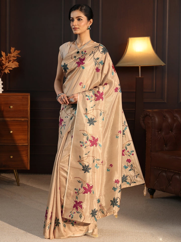Libas Beige Floral Embroidered Silk Blend Saree