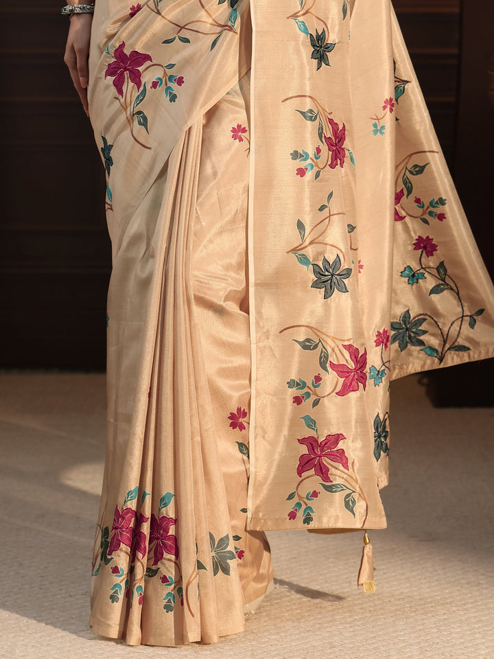 Libas Beige Floral Embroidered Silk Blend Saree