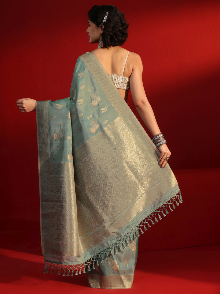 Libas Dusty Blue Floral Woven Design Silk Blend Tassel Saree
