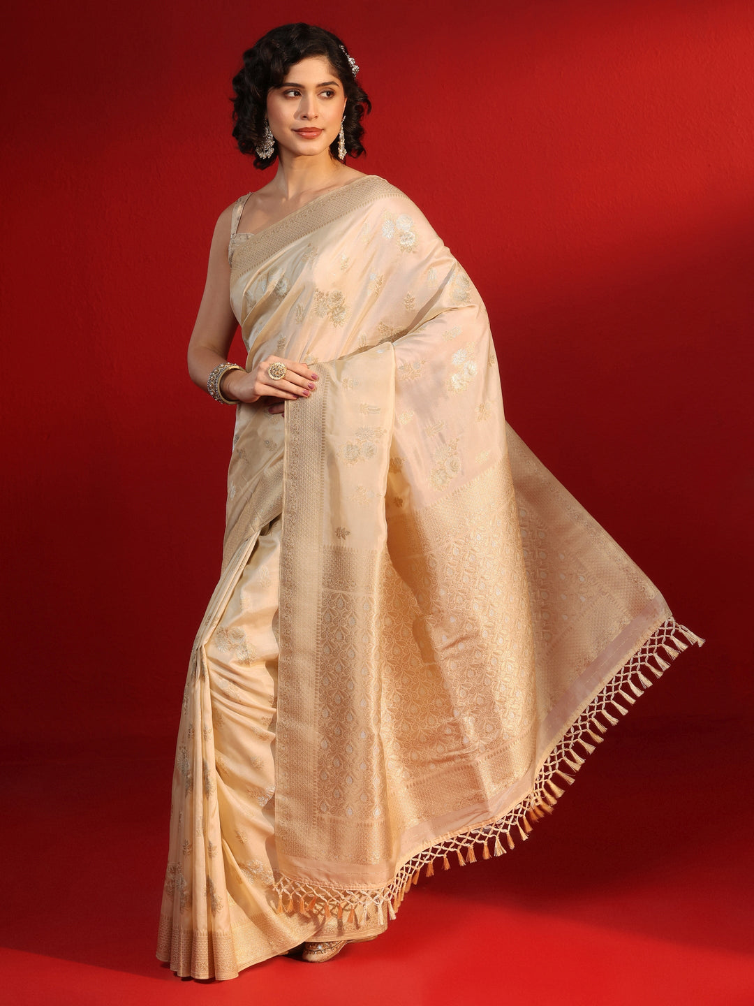 Libas Cream Floral Woven Design Silk Blend Tassel Saree