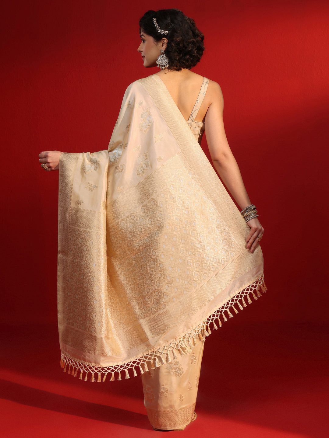 Libas Cream Floral Woven Design Silk Blend Tassel Saree
