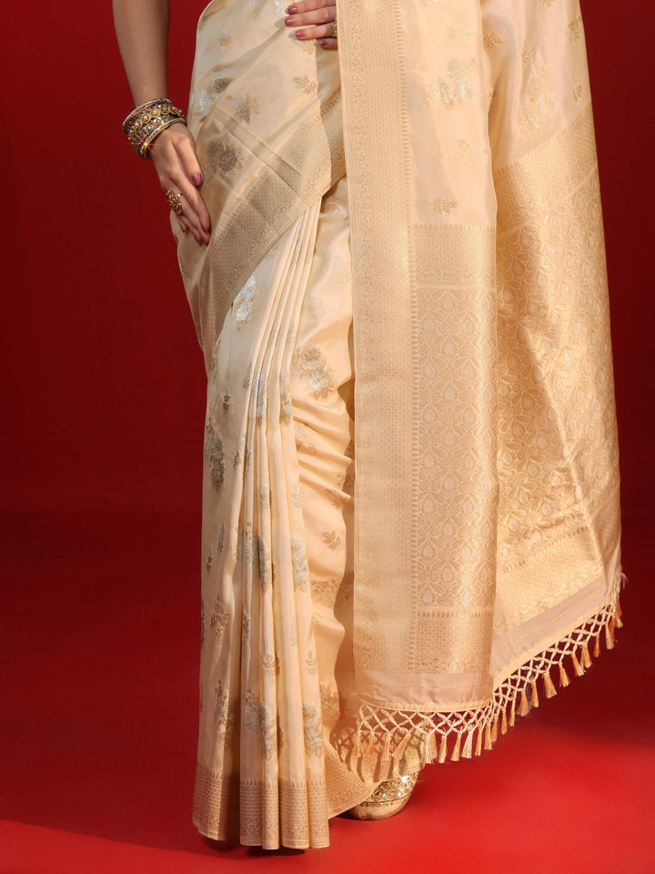 Libas Cream Floral Woven Design Silk Blend Tassel Saree