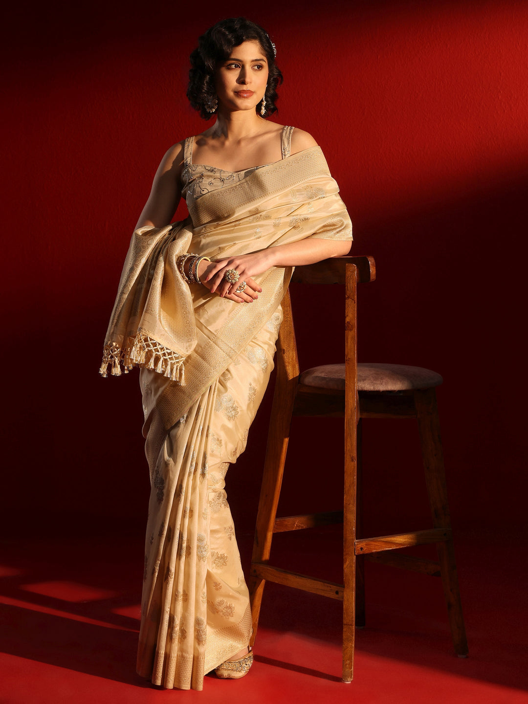 Libas Cream Floral Woven Design Silk Blend Tassel Saree